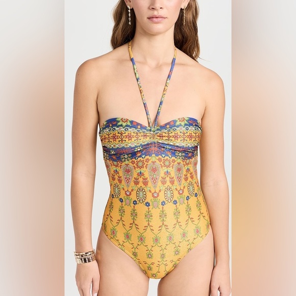 Shoshanna YELLOW MULTI CINCHED ONE PIECE Colorful Strapless Swimsuit 8 NEW $250! - Picture 10 of 14